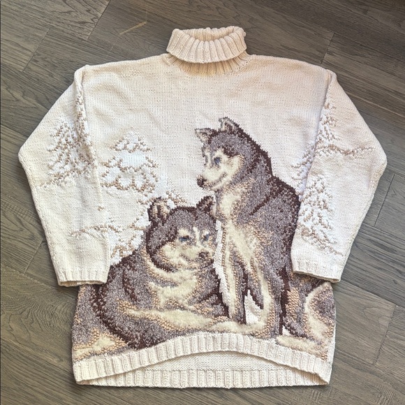 Vintage 90's Cobblestone Canyon All Over Print Wolf Hand Knit Sweater Size Small - Picture 2 of 14